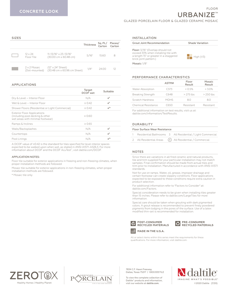 DalTile concrete look tiles spec sheet